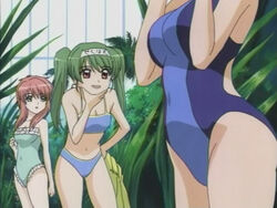  3girls :d :o anime_screenshot bare_shoulders bikini breasts breasts_squeezed_together casual_one-piece_swimsuit cleavage competition_swimsuit flat_chest frilled_one-piece_swimsuit frills grabbing_another&#039;s_chin green_eyes green_hair hand_on_another&#039;s_chin hand_on_own_hip head_out_of_frame headband highleg highleg_swimsuit inukami! leaning_forward long_hair medium_breasts multiple_girls nadeshiko_(inukami) navel one-piece_swimsuit open_mouth pink_hair red_eyes short_hair smile sports_bikini standing swimsuit thighs twintails youko_(inukami) 