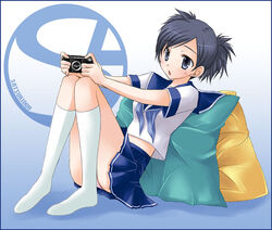  copyright_request female handheld_game_console kneehighs miyabi_juri photoshop_(medium) playing_games playstation_portable school_uniform socks solo video_game 