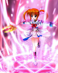  brown_hair clothes_lift dress dress_lift female full_body hair_ribbon hexagram leg_up long_sleeves lyrical_nanoha magic_circle magical_girl mahou_shoujo_lyrical_nanoha open_mouth otoki_raku outstretched_arms purple_eyes raising_heart raising_heart_(shooting_mode) ribbon shoes skirt solo spread_arms star_of_david takamachi_nanoha thigh_gap twintails 