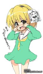  blonde_hair blush brown_eyes crying crying_with_eyes_open drawing_(object) dress female green_dress higurashi_no_naku_koro_ni houjou_satoko jaggy_lines long_sleeves looking_at_viewer neckerchief nose_blush oekaki oerba_yun_fang okaasan_to_issho onija_tarou sailor_collar sailor_dress school_uniform short_dress short_hair simple_background solo spoo standing tears teeth watermark web_address white_background white_sailor_collar yellow_neckerchief 