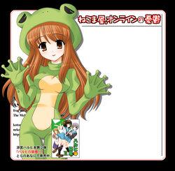  animal_costume asahina_mikuru blush breasts brown_hair dot_nose female frog_costume frog_hat juliet_sleeves large_breasts long_hair long_sleeves nagato_yuki nekoma_kotomitsu puffy_sleeves solo suzumiya_haruhi suzumiya_haruhi_no_yuuutsu tongue tongue_out translation_request webbed_hands 