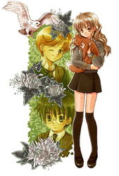  2boys ;) artist_request bird black_hair black_legwear blue_eyes brown_eyes brown_hair crookshanks dress_shirt feline female flower flower_request full_body glasses green_hair gryffindor harry_potter_(series) hedwig hermione_granger hogwarts_school_uniform kneehighs light_brown_hair long_hair long_sleeves looking_at_viewer lowres mary_janes miniskirt multiple_boys necktie one_eye_closed orange_hair owl pleated_skirt ron_weasley school_uniform shirt shoes short_hair simple_background skirt smile socks source_request standing sweater thighhighs upper_body wavy_hair white_background wizarding_world yellow_eyes zettai_ryouiki 