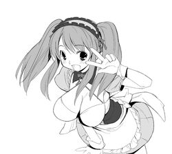  asahina_mikuru blush breasts cleavage corset female greyscale kizaki_(volvox) large_breasts leaning_forward long_hair maid_headdress monochrome official_alternate_costume official_alternate_hairstyle open_mouth solo suzumiya_haruhi_no_yuuutsu twintails v w waitress 