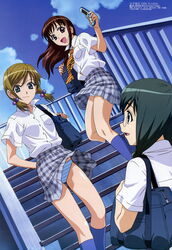  3girls absurdres bag blue_socks brown_eyes brown_hair cellphone dress_shirt dutch_angle everyone glasses green_eyes green_hair hair_bobbles hair_ornament highres joshi_kousei kishimoto_seiji megami_magazine multiple_girls necktie official_art panties pantyshot phone plaid plaid_skirt pleated_skirt satou_ayano scan school_bag school_uniform shirt short_twintails skirt socks stairs standing striped striped_necktie suzuki_yuma takahashi_eriko twintails underwear wind wind_lift 