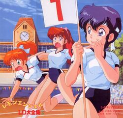  1980s_(style) 3girls :o blue_eyes bow buruma emoto_miki flag green_eyes gym_uniform hairbow hand_on_own_cheek hand_on_own_face holding holding_flag long_hair looking_away lowres midnight_anime_lemon_angel multiple_girls numbered_flag open_mouth orange_hair outdoors ponytail purple_eyes purple_hair red_hair retro_artstyle running sakurai_tomo school school_uniform shima_erika short_hair single_vertical_stripe sports_festival sweatband tripping yamauchi_shigeyasu 