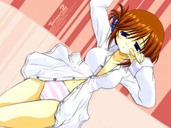  arm_up blue_eyes blush breasts brown_hair buttons clenched_hand collarbone collared_shirt copyright_name cowboy_shot dress_shirt dutch_angle english_text female folded_ponytail from_above hair_between_eyes hair_ornament hairclip half-closed_eyes hand_up komaki_manaka legs_together long_sleeves looking_at_viewer lying medium_breasts navel no_bra no_pants noguchi_takayuki official_art official_wallpaper on_back open_clothes open_shirt panties parted_bangs parted_lips photoshop_(medium) pink_background pink_panties shirt short_hair sidelocks sleepy sleeve_cuffs solo striped_clothes striped_panties to_heart_(series) to_heart_2 unbuttoned underwear white_panties white_shirt 