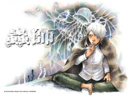  1boy afternoon_(magazine) barefoot cigarette ginko hair_over_one_eye highres long_sleeves male_focus mushishi smoking solo tomii_masako 