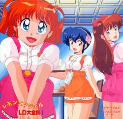  1980s_(style) 3girls anna_miller blue_eyes blue_hair blunt_ends bow brown_hair emoto_miki green_eyes hairbow holding holding_tray long_hair looking_at_viewer lowres midnight_anime_lemon_angel multiple_girls open_mouth orange_hair orange_skirt purple_eyes retro_artstyle sakurai_tomo shima_erika short_hair skirt smile tray twintails uniform v_arms waitress yamauchi_shigeyasu 