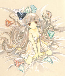  aqua_panties bare_arms bare_shoulders barefoot bed_sheet between_legs blonde_hair blue_panties bow bow_panties brown_eyes chemise chii chobits clamp_(circle) female from_above hair_tubes hand_between_legs highres lace lace-trimmed_panties lace_trim long_hair looking_at_viewer looking_up multiple_panties orange_panties panties photoshop_(medium) scan see-through sitting smile solo strap_slip underwear v_arms very_long_hair wariza white_chemise white_panties 