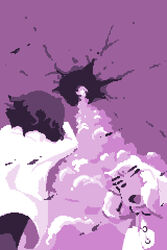  amaya_daisuke buttons closed_eyes covering_own_ears covering_own_eyes doukutsu_monogatari female hole itoh_(doukutsu_monogatari) lab_coat long_sleeves lowres monochrome official_art open_mouth photoshop_(medium) pixel_art purple_theme rocket sakamoto_momorin smoke wince 