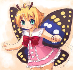  antennae aqua_eyes blonde_hair butterfly_wings clenched_hands dress fairy female inou_shin insect_wings photoshop_(medium) pink_dress shimon_(shimotsuma) shimotsuma solo wings 