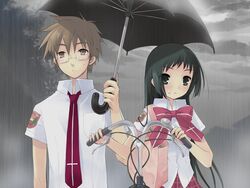  1boy bicycle black_hair brown_hair female glasses ito_noizi long_hair loose_necktie nanatsuiro_drops necktie pushing_bicycle rain school_uniform seijou_academy_school_uniform shared_umbrella tsuwabuki_masaharu umbrella yaeno_nadeshiko 