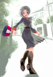  bag boots dress female green_eyes green_hair high_heel_boots high_heels higurashi_no_naku_koro_ni long_hair long_sleeves looking_back ponytail road shoes solo sonozaki_mion street umiichi_kurage 