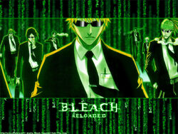  6+boys abarai_renji bleach cigarette copyright_name digital_rain formal green_theme hisagi_shuuhei hitsugaya_toushirou ishida_uryuu kubo_tite kurosaki_ichigo long_sleeves male_focus multiple_boys official_art official_wallpaper parody photoshop_(medium) shiba_ganju shirt sword the_matrix weapon white_shirt zaraki_kenpachi 