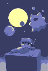  1boy amaya_daisuke android baseball_cap box climbing doukutsu_monogatari floating full_moon ghost hat lowres male_focus monochrome moon official_art photoshop_(medium) pixel_art quote_(doukutsu_monogatari) solo spot_color wavy_mouth yellow_eyes 