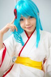  blue_hair cosplay dororon_enma-kun highres japanese_clothes kimono namada photo yukata yukiko_hime 