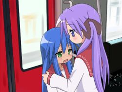  banned_artist blow blue_eyes blue_hair green_eyes ground_vehicle hiiragi_kagami izumi_konata long_hair lucky_star mountain_pukuichi multiple_girls purple_hair ryouou_school_uniform school_uniform serafuku tears train 