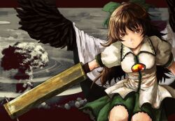  arm_cannon bad_id bad_pixiv_id black_wings bow brown_hair cape eyes face hairbow lolicept long_hair mushroom_cloud red_eyes reiuji_utsuho solo touhou weapon wings 