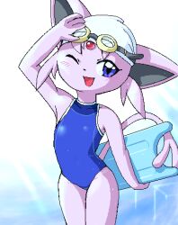  4_fingers anthro bare_shoulders biped blue_clothing blue_eyes blue_one-piece_swimsuit blue_swimwear blush breasts clothing dripping eeveelution espeon eyewear eyewear_on_head female fingers fur g-sun generation_2_pokemon goggles goggles_on_head headgear headwear holding_object iris kickboard looking_at_viewer low_res monotone_body monotone_clothing monotone_face monotone_fur monotone_headwear monotone_tail multicolored_clothing multicolored_one-piece_swimsuit multicolored_swimwear nintendo one-piece_swimsuit one_eye_closed open_mouth open_smile pink_body pink_ears pink_face pink_fur pink_tail pokemon pokemon_(species) pokemorph pupils simple_background small_breasts smile solo standing swimming_cap swimming_goggles swimwear tail two_tone_clothing two_tone_one-piece_swimsuit two_tone_swimwear white_clothing white_headwear white_one-piece_swimsuit white_swimming_cap white_swimwear young young_anthro young_female 