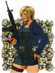  aya_brea belt blonde_hair blue_eyes female female grin gun jacket miniskirt parasite_eve parasite_eve_ii short_hair skirt smile solo sonou weapon 