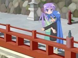  banned_artist hiiragi_kagami hug izumi_konata lucky_star mole mole_under_eye mountain_pukuichi multiple_girls pointing railing stone_lantern 