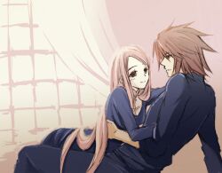  anna_irving brown_hair couple hug kratos_aurion laying long_hair lying pink_hair short_hair tales_of_(series) tales_of_symphonia window 