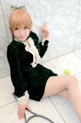  ball blonde_hair braid cosplay kipi-san nylons photo racket saori smash_wo_kimero! tennis_ball tennis_racket twin_braids velvet_dress 