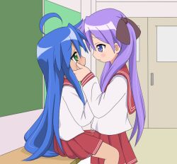  ahoge banned_artist blue_eyes blue_hair blush eye_contact green_eyes hiiragi_kagami izumi_konata long_hair looking_at_another lucky_star mountain_pukuichi multiple_girls purple_hair ryouou_school_uniform school_uniform serafuku tears 