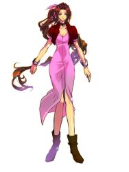  aerith_gainsborough boots brown_hair dress eni eni_(yoyogieni) female female final_fantasy final_fantasy_vii full_body green_eyes jacket long_hair pink_ribbon ponytail ribbon simple_background solo white_background wristband 