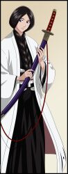  absurdres black_hair bleach blue_eyes braid female front_braid front_ponytail haori highres japanese_clothes long_hair long_image looking_at_viewer shinigami simple_background single_braid solo sword taichou_haori tall_image unohana_retsu vector_trace weapon 