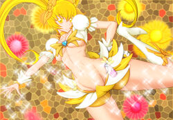  blonde_hair boots bow breasts brooch brown_background choker commentary_request cure_sunshine female floral_background groin heart heart_brooch heartcatch_precure! jewelry long_hair magical_girl medium_breasts midriff mosaic_background myoudouin_itsuki navel orange_choker precure skirt solaris solo sparkle twintails underboob yellow_bow yellow_eyes yellow_skirt yellow_theme 