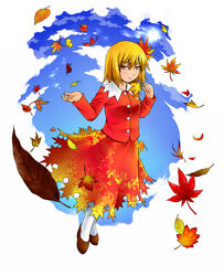  aki_shizuha autumn_leaves bad_id bad_nicoseiga_id blonde_hair blush brown_footwear closed_mouth female full_body hair_ornament leaf leaf_hair_ornament leaf_print long_sleeves looking_at_viewer maple_leaf orange_shirt orange_skirt print_skirt ragi_(schrdngr) shirt shoes short_hair skirt skirt_set solo touhou white_legwear yellow_eyes 