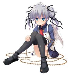  black_thighhighs blue_eyes chains commentary_request female grey_hair hair_ribbon headdress kazumasa looking_at_viewer original photoshop_(medium) ribbon sitting solo thighhighs wings 