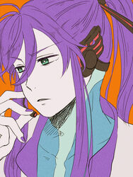  1boy commentary_request creamyya green_eyes high_ponytail kamui_gakupo long_hair male_focus open_mouth orange_background purple_hair simple_background solo upper_body vocaloid 