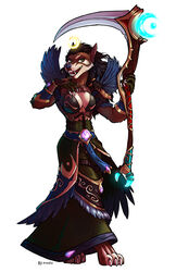  2016 3_toes anthro armor blizzard_entertainment breasts canid claws cleavage clothed clothing crescent_moon digitigrade druid enchanted_weapon feathers feet female fur green_eyes hair harag hi_res holding_object holding_weapon jewelry looking_at_viewer magic_staff magic_user mammal melee_weapon moon open_mouth polearm robe scythe simple_background smile solo staff standing teeth toe_claws toes tongue tribal_spellcaster warcraft weapon were werecanid white_background worgen 