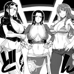  3girls bikini bikini_top boa_hancock breasts cleavage crossed_arms denim denkishowgun earrings female hands_on_hips jeans jewelry long_hair long_skirt midriff monochrome multiple_girls nami nami_(one_piece) nico_robin one_piece pants pirate pose sabaody_archipelago sash side_slit skirt sunglasses sunglasses_on_head tattoo zipper 