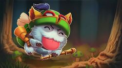  16:9 blue_body blue_fur claws closed_eyes clothing detailed_background forest fur grass hat headgear headwear hi_res league_of_legends male nature outside plant poro poro_(lol) riot_games solo teemo_(lol) telescope tencent tongue tongue_out tree unknown_artist widescreen 