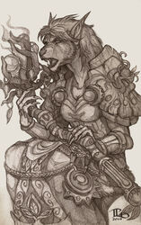  2014 anthro biped blizzard_entertainment breasts canid claws cleavage clothed clothing female fur hair holding_object holding_weapon looking_at_viewer lurelin mammal melee_weapon monochrome open_mouth robe simple_background sitting solo staff teeth traditional_media_(artwork) warcraft weapon were werecanid worgen 