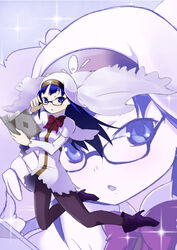  adjusting_eyewear blue_eyes blue_hair book boots bow capelet commentary_request female glasses kneeling long_hair magical_girl mahou_shoujo_kazumi_magica mahou_shoujo_madoka_magica misaki_umika open_mouth pantyhose solo veil weapon yukimura_kaname 