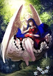  2girls angel angel_wings barefoot blonde_hair blue_eyes brown_hair christianity dress feet flower forest gabriel_(angel) habit hands_on_chest kyara36 long_hair multiple_girls mythology pregnant rainbow red_dress thighs trees virgin_mary white_dress wings 