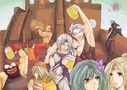  3girls 6+boys 7boys airship alcohol armor barrel beard beer blonde_hair boy cain_highwind cecil_harvey cid_pollendina closed_eyes cup edward_geraldine facial_hair final_fantasy final_fantasy_iv gilbart_chris_von_muir girl gloves goggles green_eyes green_hair hair_ornament hat headband helmet long_hair moon moustache mug multiple_boys multiple_girls open_mouth palom peso_kongari pesokongari ponytail porom purple_eyes rosa_farrell rydia ship short_hair silver_hair tiara yang_fang_leiden 