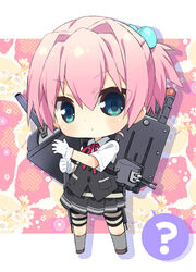  ? bike_shorts bike_shorts_under_skirt blue_eyes chibi commentary_request female full_body gloves grey_socks kantai_collection kneehighs looking_at_viewer machinery neck_ribbon pink_hair ponytail red_ribbon ribbon school_uniform shiranui_(kancolle) short_hair socks solo spoken_question_mark takamura_masaya turret vest white_gloves 