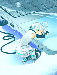  1boy ahoge android bare_shoulders blush closed_eyes commentary_request computer creamyya detached_sleeves eyelashes headphones highres laptop male_focus mini_person miniboy open_mouth sleeping solo tail usb utatane_piko vocaloid white_hair 