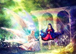  2girls angel angel_wings barefoot blonde_hair blue_eyes christianity dress feet flower forest gabriel_(angel) habit hands_on_chest kneeling kyara36 long_hair multiple_girls mythology rainbow red_dress trees virgin_mary white_dress wings 