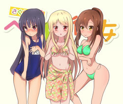  1boy 2girls akasaka_ryuunosuke aoyama_nanami bikini black_hair blonde_hair blush breast_hold breasts brown_hair chestnut_mouth commentary_request highres hip_focus kurisun medium_breasts midriff multicolored_sarong multiple_girls navel o3o one-piece_swimsuit otoko_no_ko print_sarong red_eyes sakura-sou_no_pet_na_kanojo sarong school_swimsuit shiina_mashiro side-tie_bikini_bottom swimsuit yellow_eyes 