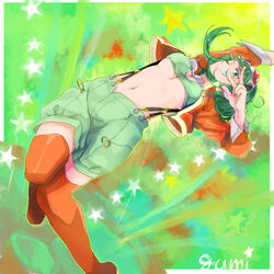  ;) breasts character_name closed_mouth commentary_request creamyya female goggles goggles_on_head green_eyes green_hair green_nails gumi gumi_(v3_megpoid) jacket medium_breasts midriff nail_polish navel one_eye_closed open_clothes open_jacket orange_nails orange_thighhighs smile solo star_(symbol) suspenders thighhighs underboob v vocaloid 