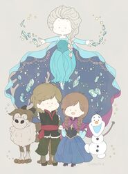  1boy 2girls anna_(frozen) bad_id bad_pixiv_id blonde_hair braid capelet dress elsa_(frozen) frozen_(disney) fur_trim highres holding_hands kristoff_(frozen) long_hair multiple_girls olaf_(frozen) reindeer shannu0506 siblings single_braid sisters smile snowflakes snowman sven_(frozen) twin_braids vest 