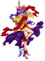  absurdres bare_legs cape dancing_blade dress female fingerless_gloves full_body gloves high_heels high_ponytail highres huge_weapon japanese_clothes kimono long_hair momohime_(dancing_blade) pleated_dress ponytail purple_eyes purple_hair red_dress shoes short_dress sidelocks smile solo standing standing_on_one_leg sword transparent_background vector_trace weapon 