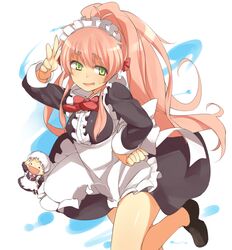  :d alternate_costume alternate_hairstyle antenna_hair apron bad_id bad_pixiv_id blush bow enmaided fairy_(jintai) female green_eyes hand_on_own_hip highres jinrui_wa_suitai_shimashita leg_up loafers long_hair looking_away maid maid_headdress nishimuku_meri open_mouth pink_hair ponytail shoes simple_background smile sweat watashi_(jintai) white_background 