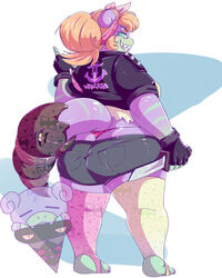  4:5 alternate_color alternative_fashion anthro anthrofied ass barefoot big_butt biped blonde_hair blue_eyes clothing damianvertigo feet female fingerless_gloves generation_1_pokemon gloves grin hair handwear hi_res huge_butt jacket knife legwear looking_back marine melrose nintendo pokemon pokemon_(species) pokemorph punk purple_body sharp_teeth shellder shellder_(slowbro) simple_background slowbro smile solo spikes stockings teeth thong topwear underwear 